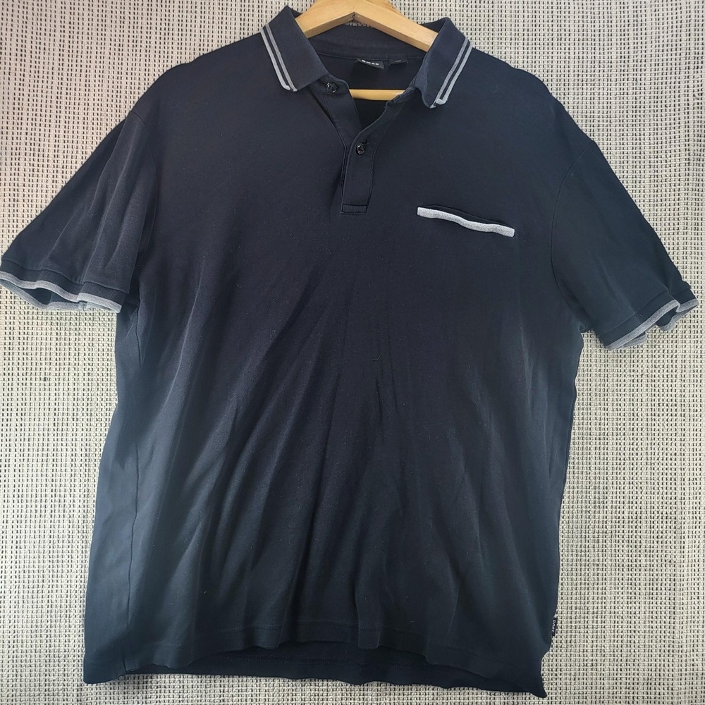 Boss Polo Shirt Mens Large Navy Blue Tipped Collar Pocket Trim Casual Golf
